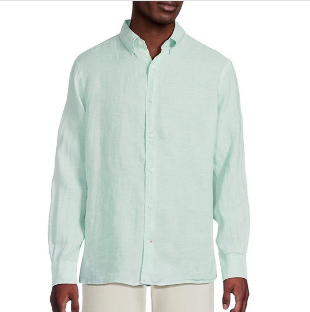 Blue Label Long Sleeve Spread Solid French Linen Woven Shirt Size XXL Green Lily